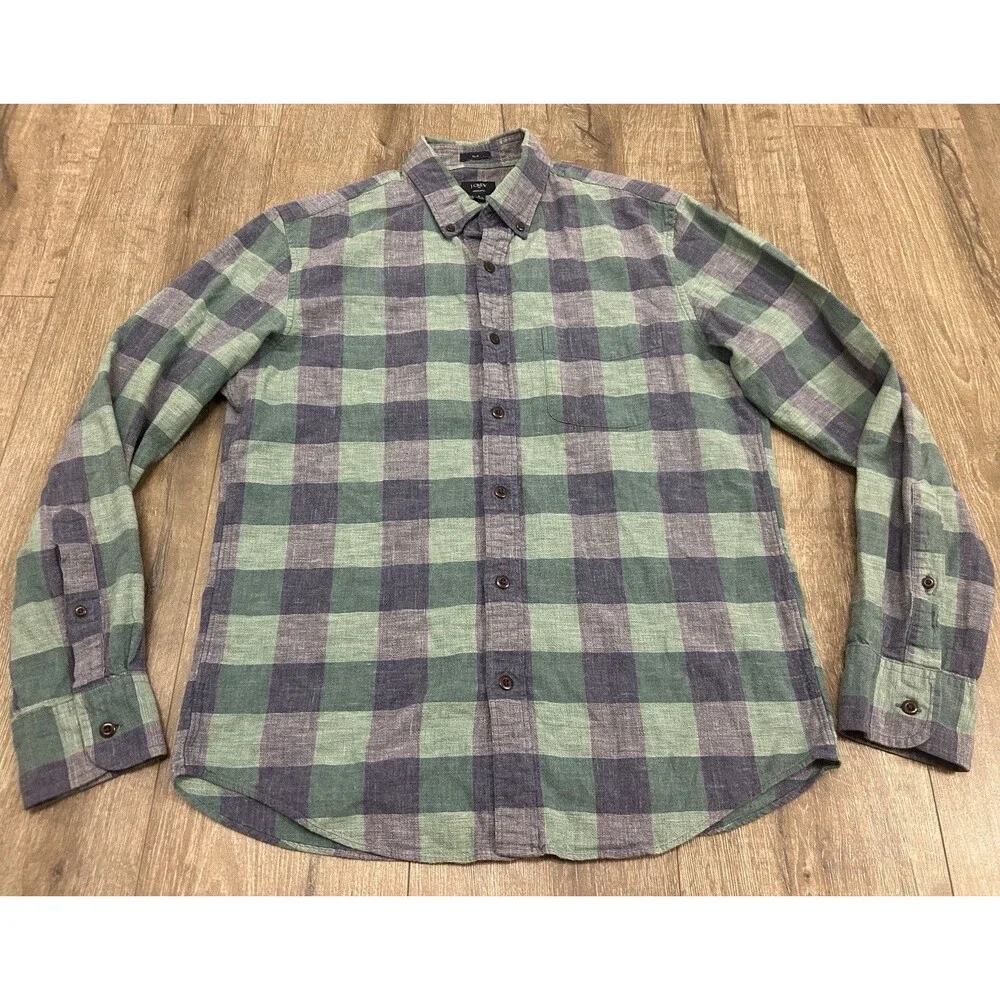 J Crew Homespun Shirt Mens Medium Blue Green Button Down Slim Casual